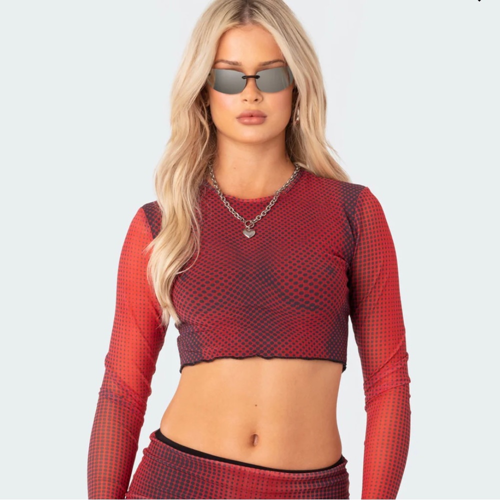 Edikted Red x-rated Mesh Long sleeve Crop Top